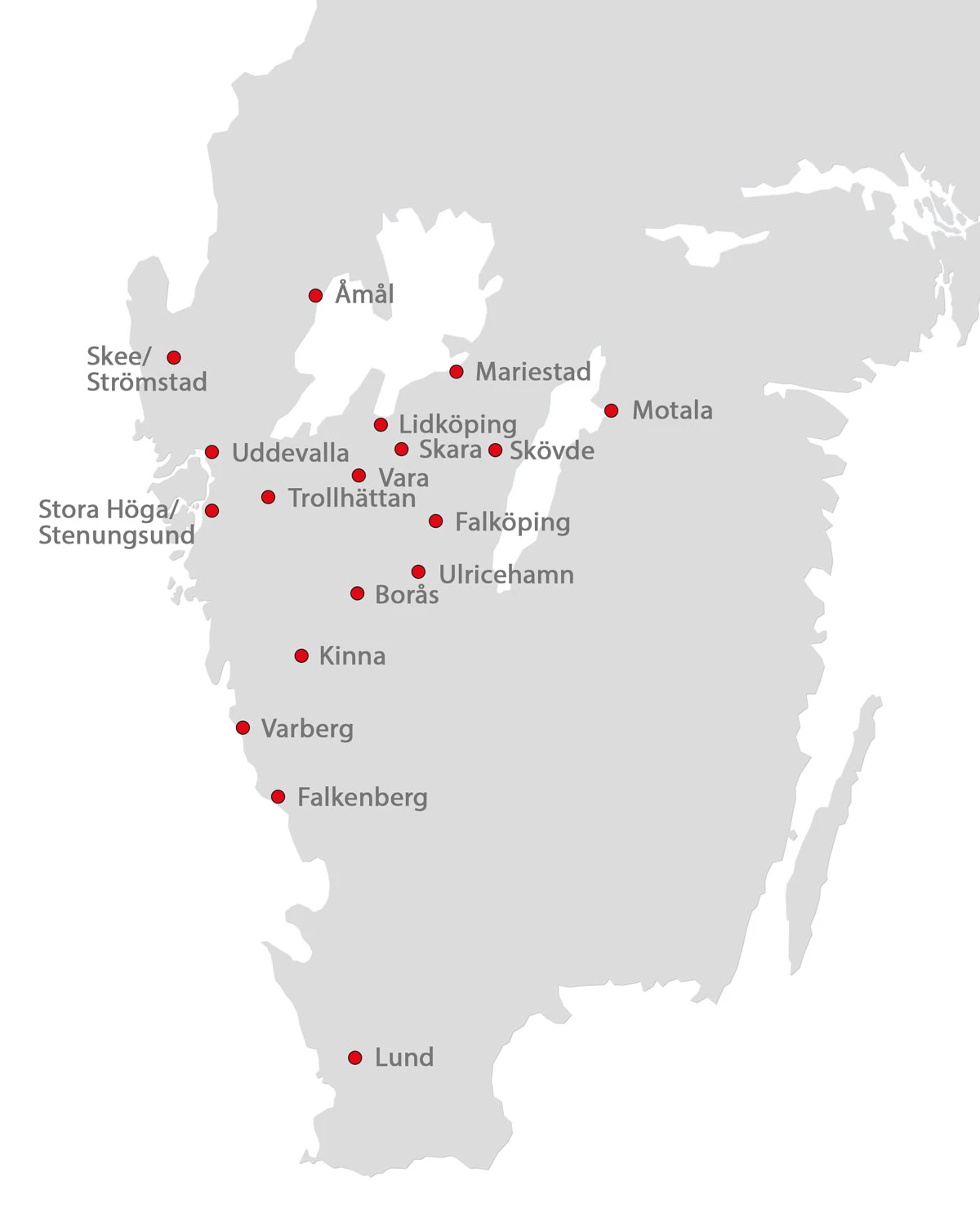 Karta över Toveks Bils anläggningar i västra och södra Sverige